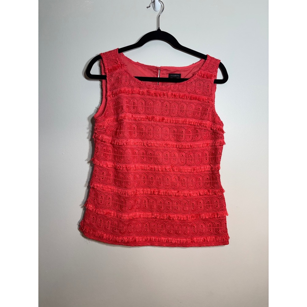 Talbots Womens Coral Red Tiered Lace Fringe Sleeveless Shell Blouse Top‎ Size 4